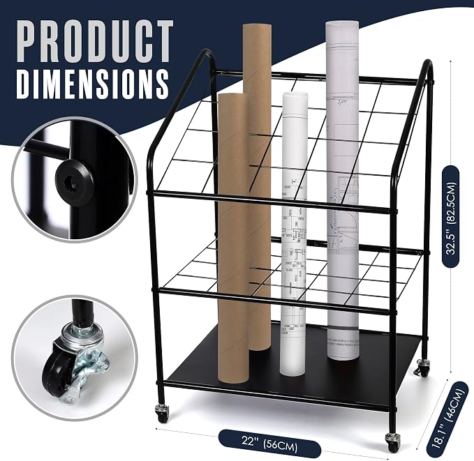 Houseables Blueprint Holder, Blueprint Storage, Construction Plan Holder, Storage Rack, Print Rack, Map Cabinet, Poster Display, Blue Print Organizer On Wheels, Architect, Paper, Tube, 20 Slot Cart