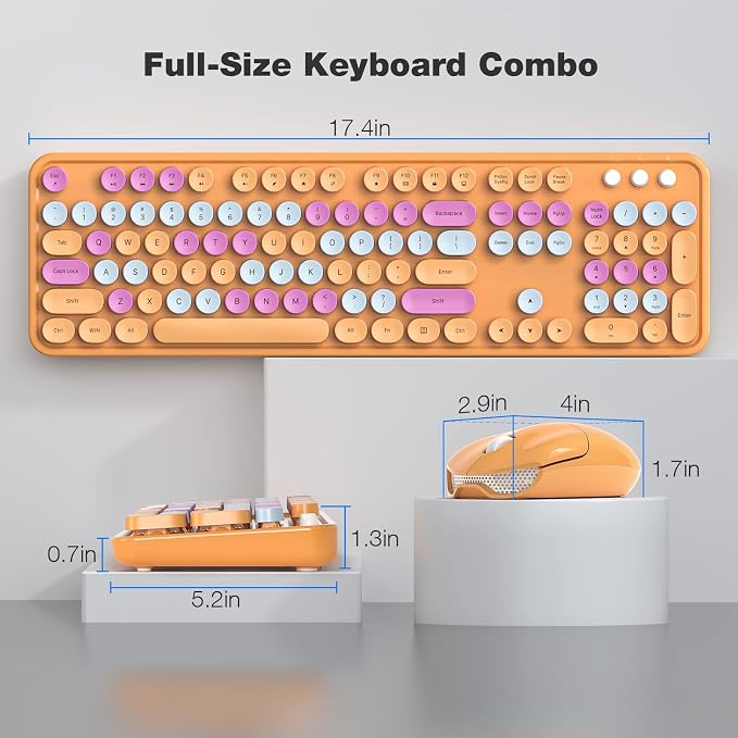 MOFII Wireless Keyboard and Mouse Combo, Orange Retro Keyboard with Round Keycaps, 2.4GHz Dropout-Free Connection, Cute Wireless Mouse for PC/Laptop/Mac/Windows XP/7/8/10 (Orange-Colorful)