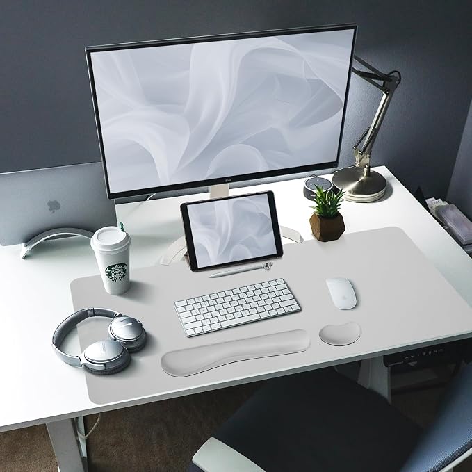 Bloss Leather Desk Pad and Keyboard Wrist Rest, Large Mouse Pad + Keyboard Pad+Mouse Wrist Support, Non-Slip Desk Mat Protector for Office, Home(31.5×15.7 Inches, Light Grey)