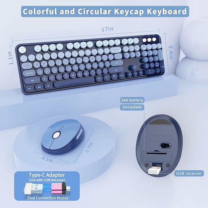 Wireless Keyboard and Mouse Combo, Ergonomic Full Size Typewriter Retro Round Keycaps Keyboard, Compatible with Windows, PC, Perfer for Home and Office Keyboards (Twilight Blue