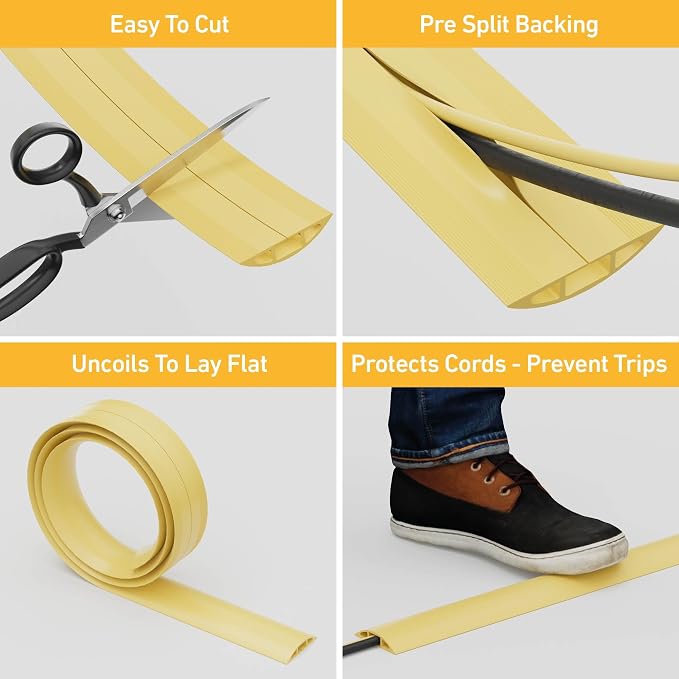 D-Line 6ft Floor Cord Cover, Floor Cable Protector, Extension Cord Cover, Protect Wires & Prevent Cable Trips, Cable Management Solution - Cord Cavity = 0.63" (W) x 0.31" (H) - Safety Yellow