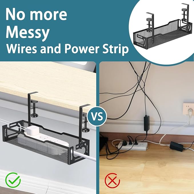 Under Desk Cable Management Tray, No Drill Mesh Desk Cable Tray, Wire Management Tray Cable Management Rack, Wire Organizer and Cable Management Box (Black)