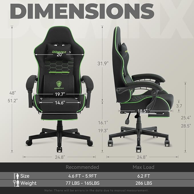 Dowinx Gaming Chair Fabric with Pocket Spring Cushion, Massage Game Chair Cloth with Headrest, Ergonomic Computer Chair with Footrest 290LBS, Black Green