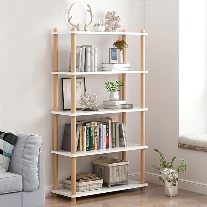 IOTXY 5-Tier Wooden Shelf Bookcase - Modern Open Bookshelf, Free Standing Storage Rack, Multifunctional Display Stand for Home and Office, White, Rectangle