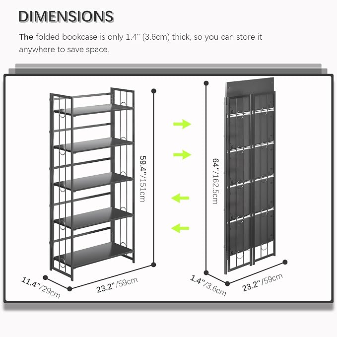 4NM No Assembly 5 Tiers Folding Bookshelf, 59.4" H Foldable Storage Shelves Vintage Bookcase Standing Racks Study Organizer Home Office - All Black