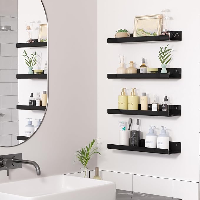 upsimples Acrylic Shelves for Wall Decor, 15" Display Shelf Perfume Organizer for Bathroom, Bedroom, Living Room, Floating Bookshelves for Kids, Black, 2 Pack