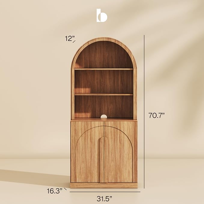 BELLEZE Set of 2 71"Tall Storage Cabinet with Arched Hutch, Wooden Sideboard Buffet Cabinet with Adjustable Shelves for Pantry Organizing, 5-Tier Modern Storage Unit for Living Room Home Office, Camel