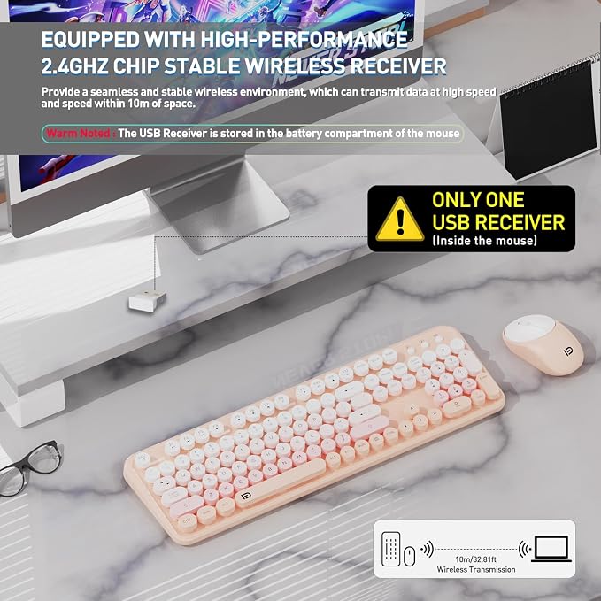 Wireless Keyboards Mouse Combos, Colorful Cute Typewriter Full-Size Retro Round Keycaps, 2.4GHz Cordless Sleep Mode Office Quiet Wireless Keyboard and Mouse Set for Desktop Laptop PC Computer