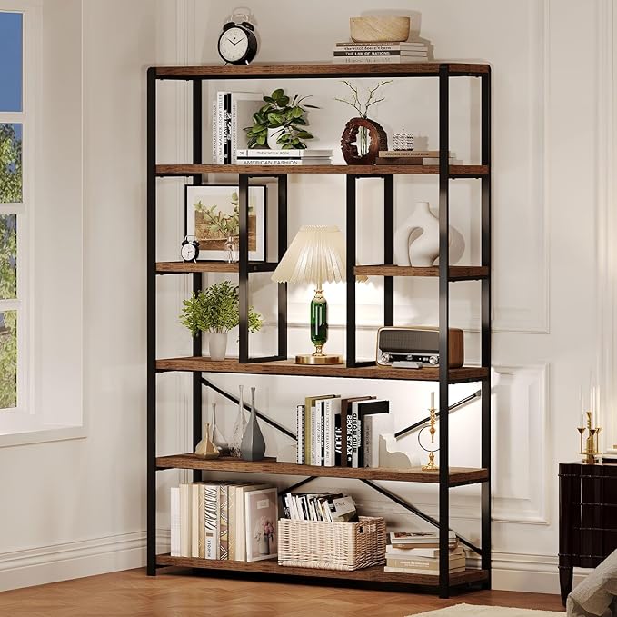 LVB Rustic Bookcases and Book Shelves, Metal Wood 6 Tier Bookshelf and Book Rack Storage, Industrial Vertical Display Etagere Book Case 6 Shelf, Vintage Large Book Shelf for Bedroom Living Room, Brown