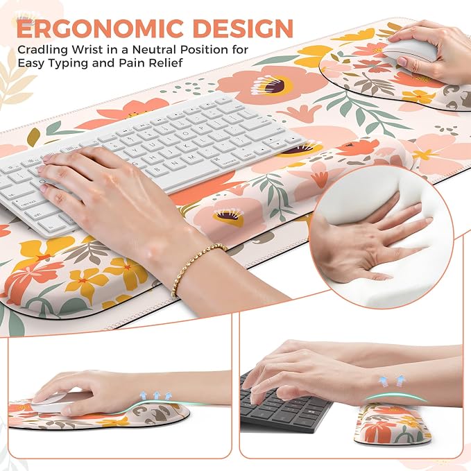 iCasso Desk Cover Mat, 4in1 Floral Large Mouse Pad with Wrist Rest, Desk Matt for Desktop, Anti-Slip XXL Big Computer Ergonomic Mousepad with Wrist Support for Keyboard and Mouse (Colorful)