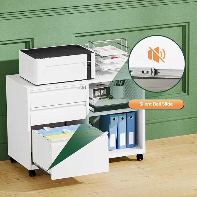 Letaya Mobile 3 Drawer File Cabinet with Lock-Metal Lateral Rolling Printer Stand Filing Cabinets for Home Office-Storage A4/F4/Letter (White)