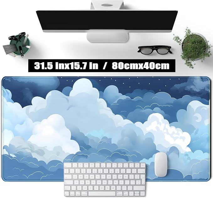 Aesthetic Blue and White Puffy Clouds Desk Mat, XXL Large Kawaii Blue Extended Gaming Mouse Pad with Stitched Edges, Cute Big Laptop Keyboard and Mouse Mat for Women Office Decor Mat 31.5x15.7 in
