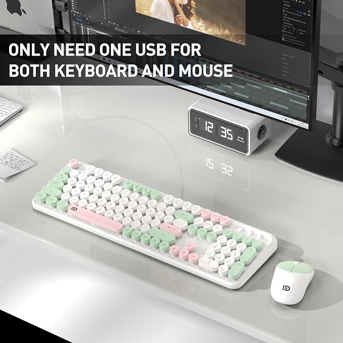 Wireless Keyboards Mouse Combos, Colorful Cute Typewriter Full-Size Retro Round Creamy Keyboard, 2.4GHz Sleep Mode Office Wireless Keyboard and Mouse Set for Desktop Laptop PC Computer