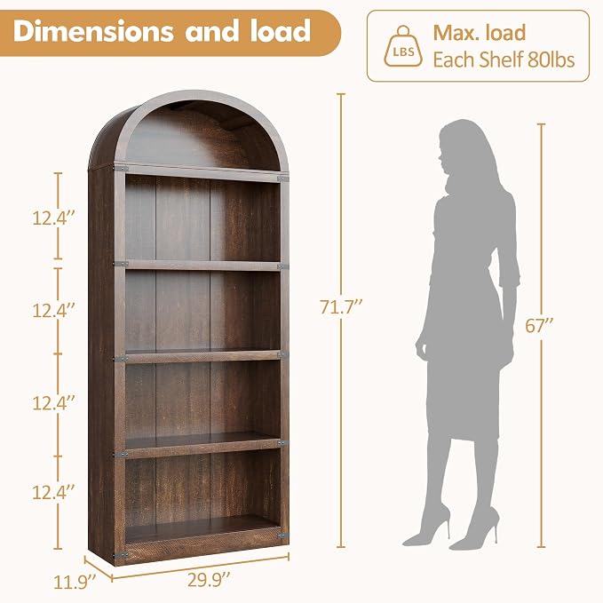 GarveeHome Bookcase 5 Shelf Arched Bookshelf 71.65in Tall Bookcase Farmhouse Display Storage Rack Wooden Bookshelves for Home Office, Living Room (Brown)