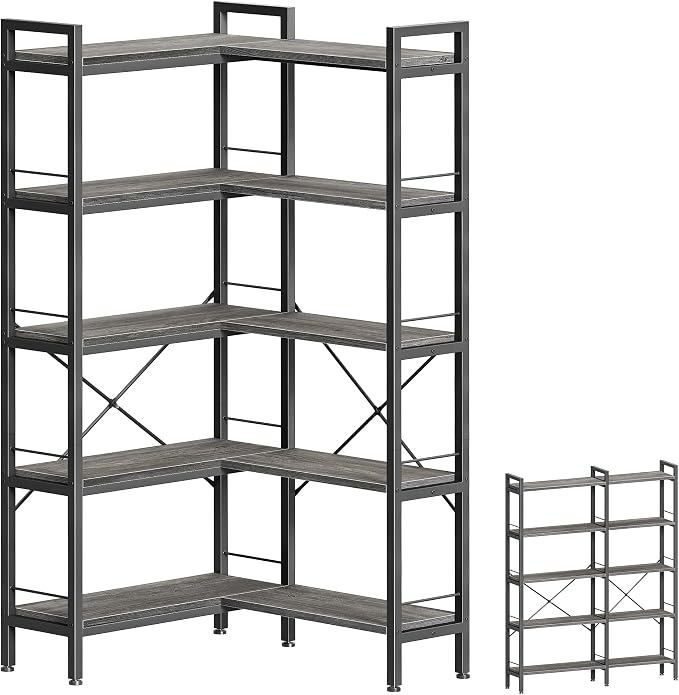 Huuger 5 Tier Bookshelf, L Shaped Corner Bookshelf with 10 Open Shelves, 49.4 Inch Straight Wide Bookcase with Metal Frame and Wooden Board, Adjustable Feet, Grey