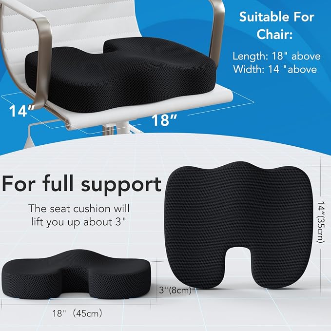 Seat Cushion & Lumbar Support Pillow for Office Chair, Car, Wheelchair Memory Foam Desk Chair Cushion for Sciatica, Lower Back & Tailbone Pain Relief Desk Pad with Adjustable Strap 3D Washable Cover