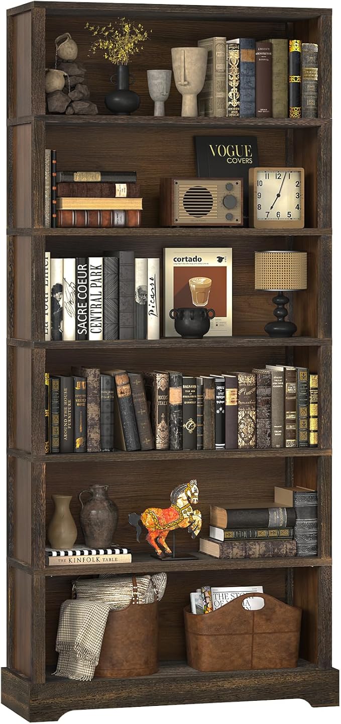 TVU 6-Tier Wooden Book Shelf, Floor-Standing Display Bookcase, 77.2" H x 31.5" W x 11" D Bookshelf, Farmhouse Style Book Case with Arched Base, Suitable for Living Room, Study, Office, Walnut