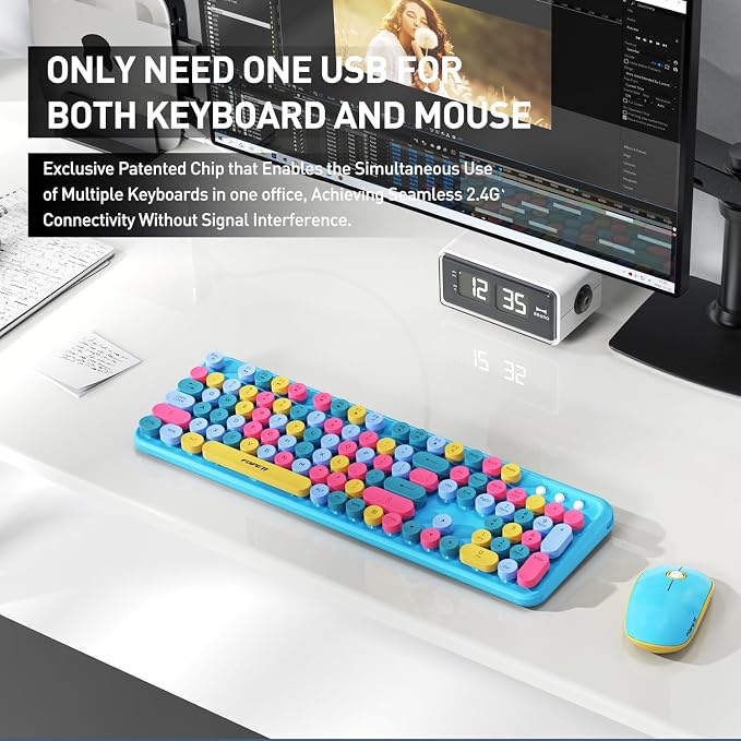 FOPETT Wireless Keyboard and Mouse Combo, 105 Keys Full-Sized 2.4 GHz Round Keycap Colorful Keyboards, USB Receiver Plug and Play, for Windows, Mac, PC, Laptop, Desktop (Blue Colorful)