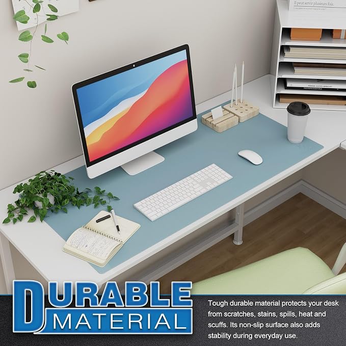 K KNODEL Large Office Leather Desk Mat, Mouse and Keyboard Pad, Computer and Laptop Mat, Desktop Protector and Cover, Writing Pad and Blotter (35.4"x17", Light Blue)