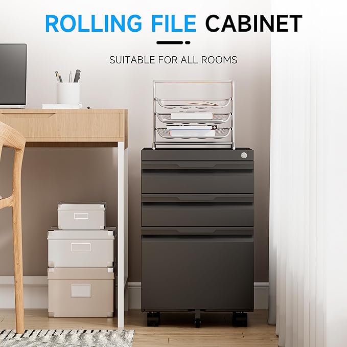 Bestoo Mobile File Cabinet with Lock, 3 Drawer Filing Cabinet, Under Desk Metal Rolling Filing Cabinets for Home Office, Fits Letter/Legal/A4 Size File, Easy Assembly
