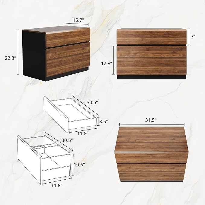 ModernMate 2 Drawer Lateral File Cabinet, 31W*23H Wood Filing Cabinet with Anti-tilt Mechanism, Home Office Storage Filing for Letter, A4 & Legal Size, Black Walnut