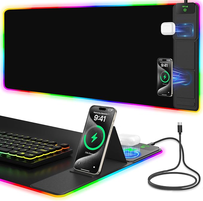 Mouse Pad with Foldable Phone Holder & Wireless Charger, XXL RGB Gaming Mousepad 31.5"x15.8" Large Desk Mat for Keyboard, Black Desk Pad with Dual Qi Charging Station | 11 Colors 5 Modes | Waterproof