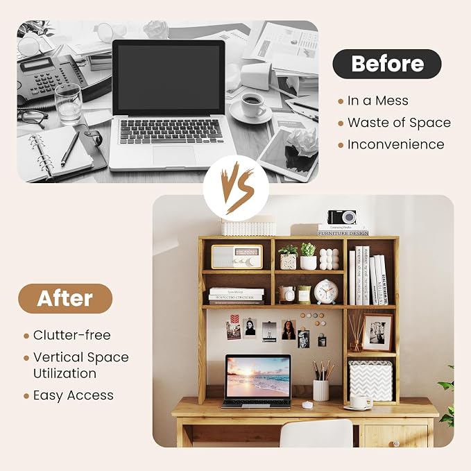 GOFLAME 7 Cubes Desktop Bookshelf, 37” Desk Organizer Shelf with 3 Adjustable Shelves, 3-Tier Wood Countertop Display Rack, Multipurpose Tabletop Desk Hutch for Dorm, Home Office, Natural
