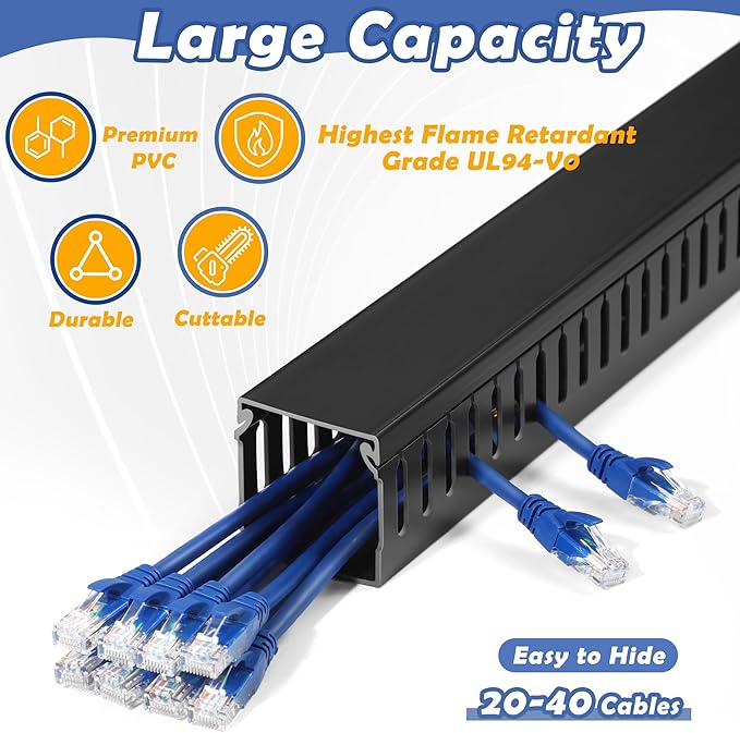 ZhiYo 66in(4X L16.5in) Professional Server Rack Cable Management Raceway, H2in x W2in Cable Raceway Kit, Electrically Safe PVC Open Slot Wire Raceway for Under Desk/Computer/Network Cords, Black
