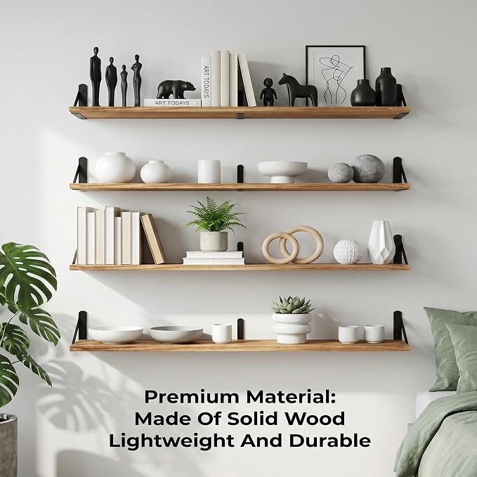 Long Wall Shelf,Large Floating Shelves for Wall,Wood Floating Bookshelves Hanging,Book Storage Display for Living Room Bedroom Office Bathroom Decor,4 Pack,57 Inch,Carbonized Black