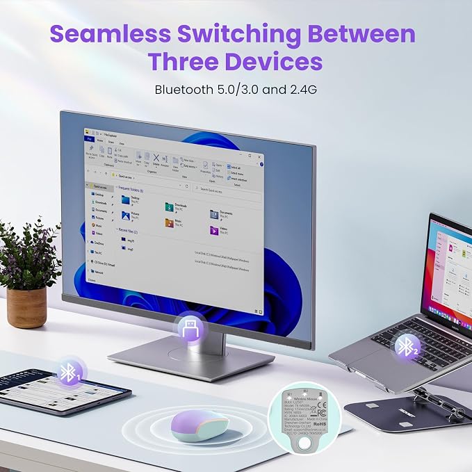 TECKNET Wireless Mouse,Bluetooth Mouse (BT5.3/5.0 & 2.4G) with USB Receiver Silent Optical Computer Mice，Wide Compatibility