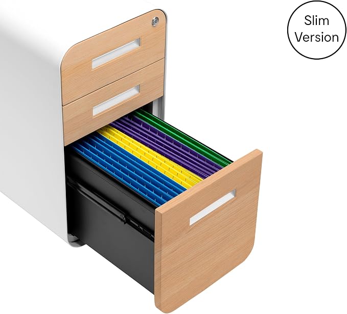 Laura Davidson Furniture Stockpile Slim 3-Drawer Mobile File Cabinet with Lock - Under Desk Metal Filing Cabinet, Legal/Letter File Folders, Wheels & Stationary Feet, Assembled, White/Wood Faceplate