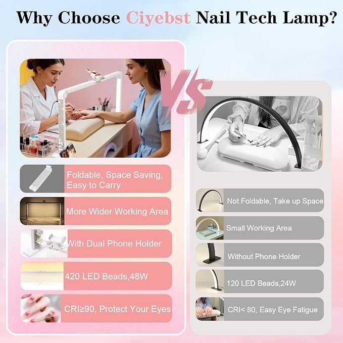 Nail Tech Lamp for Desk, 34 in Large Half Moon Light with Phone Holder, 48W Brightness Adjustable Lash ARC Light for Manicure, Tattoo, Spa, Salon, 3000K-6000K LED Manicure Lamp
