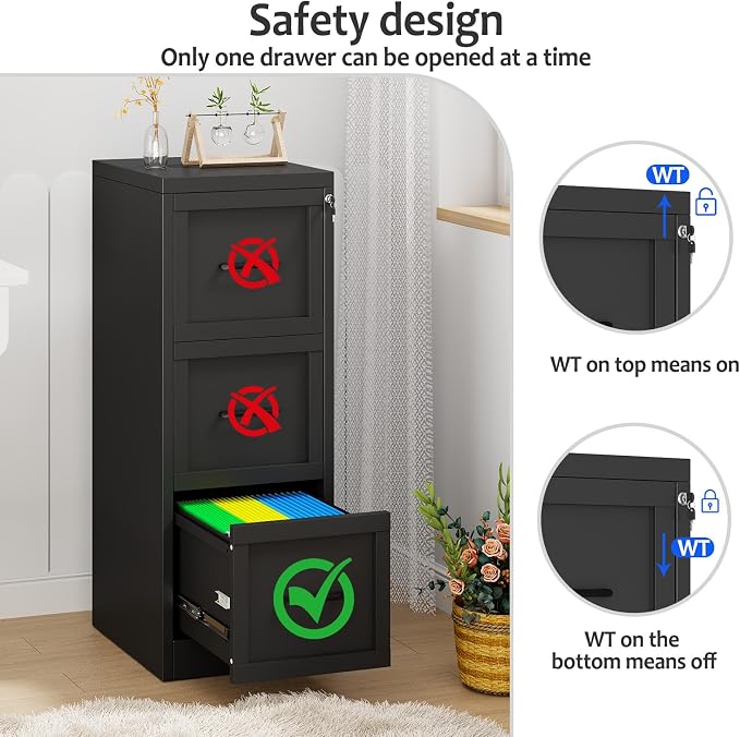 Small Metal 3-Drawer File Cabinet, Under-Desk Filing Cabinet, Black | Locking, Adjustable Hanging Rail, Fit A4, FC, Letter, Hanging File Folders for Home Office Storage Organization, 2PS