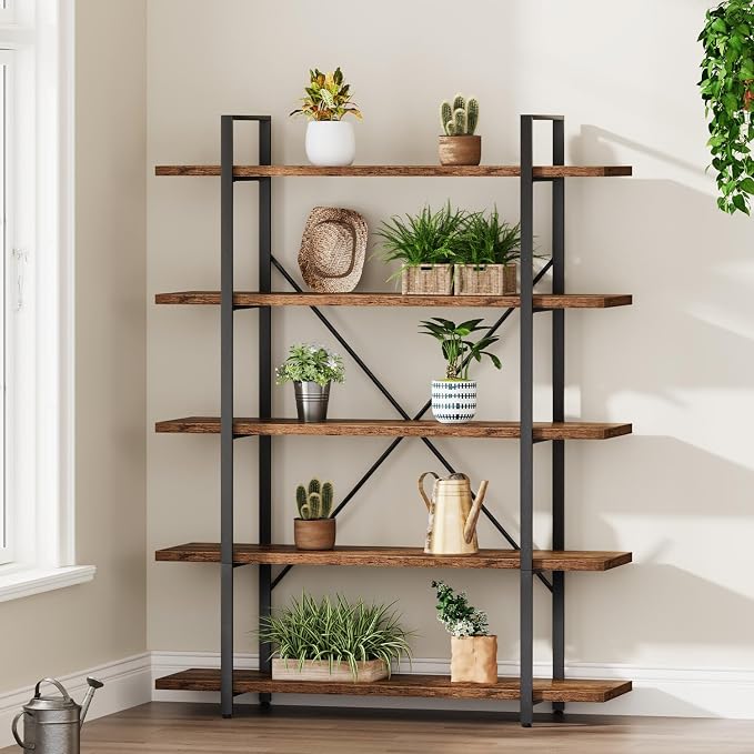 HSH Rustic Bookcases and Book Shelves 5 Shelf, Metal Wood 5 Tier Bookshelf and Storage Book Rack, Vintage Large Book Shelf for Bedroom Living Room Office,Open Vertical Display Etagere Book Case, Brown