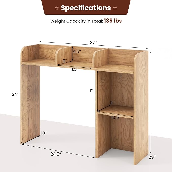 LDAILY Desktop Shelf, Multipurpose Wood Desk Hutch for Max 27" Computer Monitor, Countertop Storage Hutch with 5 Shelves, 3 Tier Desktop Display Rack for Dorm Office Home (Natural)
