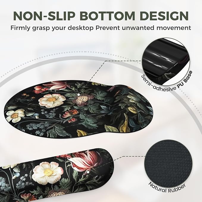 iCasso Desk Cover Mat, 4in1 Floral Large Mouse Pad with Wrist Rest, Desk Matt for Desktop, Anti-Slip XXL Big Computer Ergonomic Mousepad with Wrist Support for Keyboard and Mouse (Elegant Flowers)