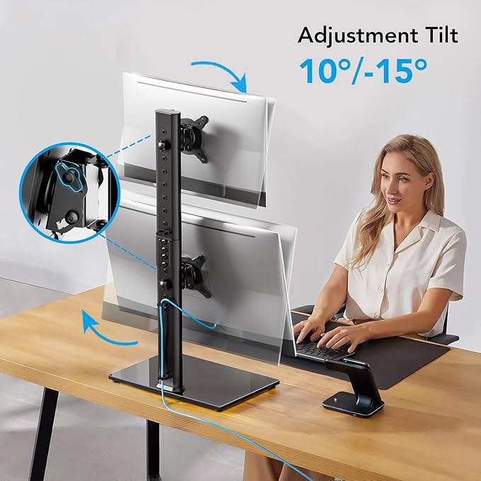 AX WABER Dual Monitor Stand Vertical Stack Screen Free-Standing Desk Mount Arm Riser Fits Two 13 to 34 Inch Computer Monitors with Swivel,Tilt, Height Adjustable,VESA Stand 100x100mm, 75x75mm AX05TB02