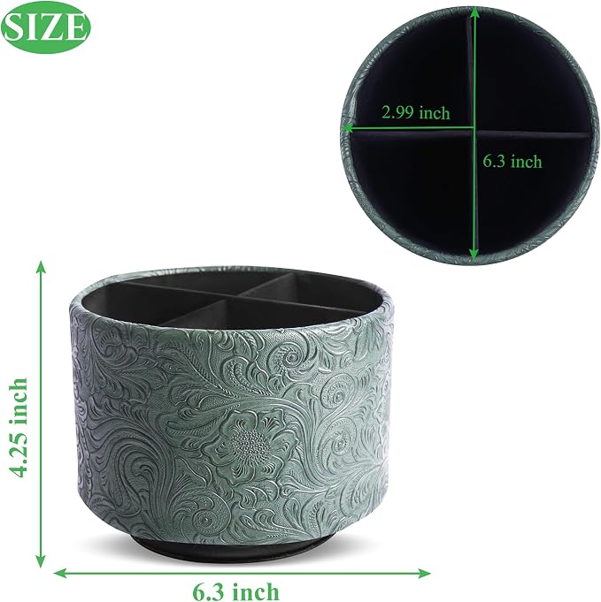 lizimandu Round Leather Art Supply Organizer,Remote Control Holder,360 Degree Spinning,Multi-Functional Pencil Holder,4 Compartments Desktop Stationary Organizer(1-Carved Cooper Green)