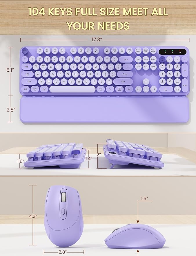 Wireless Keyboard and Mouse Combo - Cute Typewriter Keyboard with Detachable Wrist Rest, Retro Round Keycaps, Foldable Legs, 2.4GHz Full-Size Keyboard for PC, Laptop, Mac, Windows - Trueque (Purple)