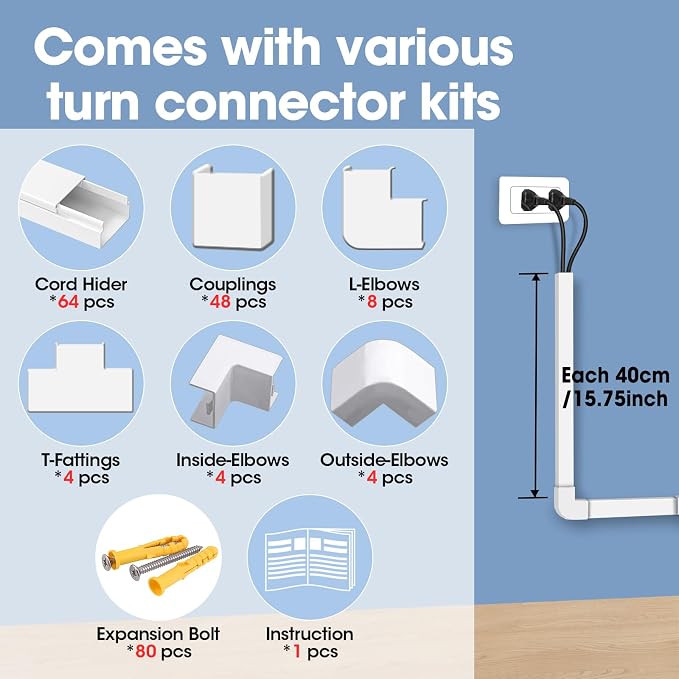 1000in Cord Hider Kit, Cord Covers for Wires on Wall, Paintable Cable Raceway, Cord Hider for Wall Mount tv, tv Cable Hider Wall kit, Wire Covers for Cords, 64X L15.7 X W0.96in X H0.57in, White