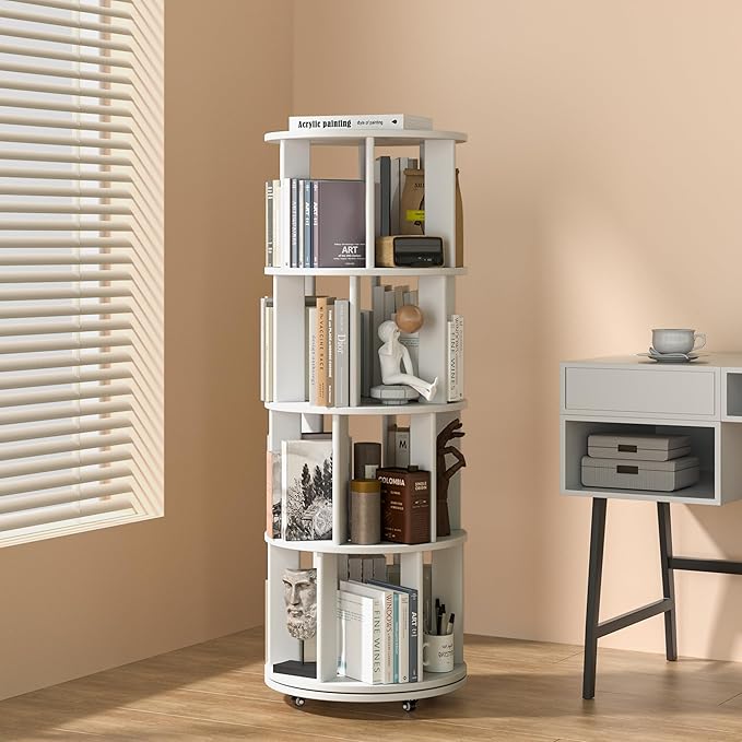 4-Tier Solid Wood Rotating Bookshelf on Wheels, 360° Spinning Book Shelf Tower, Round Revolving Bookcase Organizer, Rolling Bookshelves for Small Spaces, Corner, Bedroom, Kids Room, Office, White