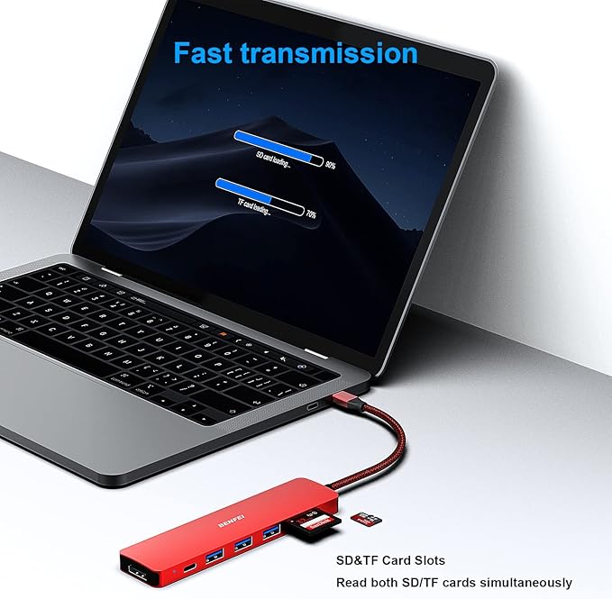 BENFEI USB C HUB 7-in-1, USB-C HUB Multiport Adapter with HDMI (4K @ 60Hz Certified)/100W Power Delivery/3*USB 3.0 5Gbps/SD/TF Card Reader (160MB/s) for iPhone 15 Pro/Max MacBook iPad Pro iMac S23