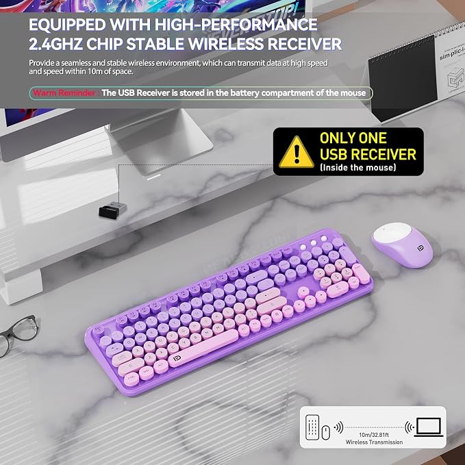 Wireless Keyboard and Mouse Combo, 2.4 GHz Wireless Full-Sized Typewriter Keyboard with Round Keycaps for Windows, Computer, Desktop, PC, Laptop (Purple)