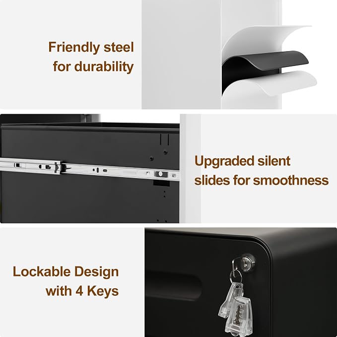 2 Drawer File Cabinet with Lock and 4 Keys, Mobile Metal Filing Cabinet, File Cabinets for Home Office, Under Desk, Pre-Assembly, File Drawer, Letter/Legal/A4 Hanging File Folders