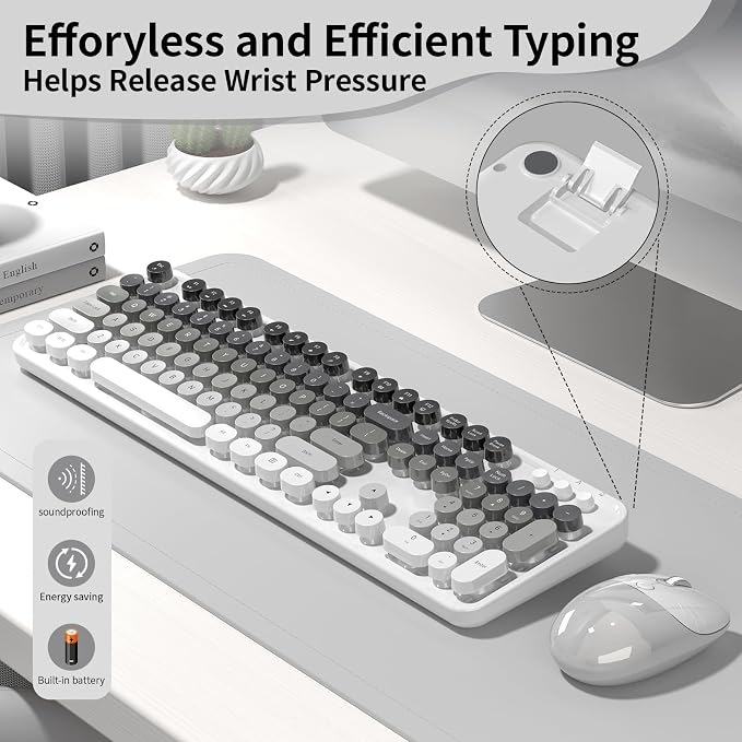Creamy Wireless Keyboard and Mouse, MOFII 104 Round Keycaps Retro Typewriter with OTG & Brush, Full-Size Ergonomic, Ideal for Windows PC, Home, Office and College Gray White