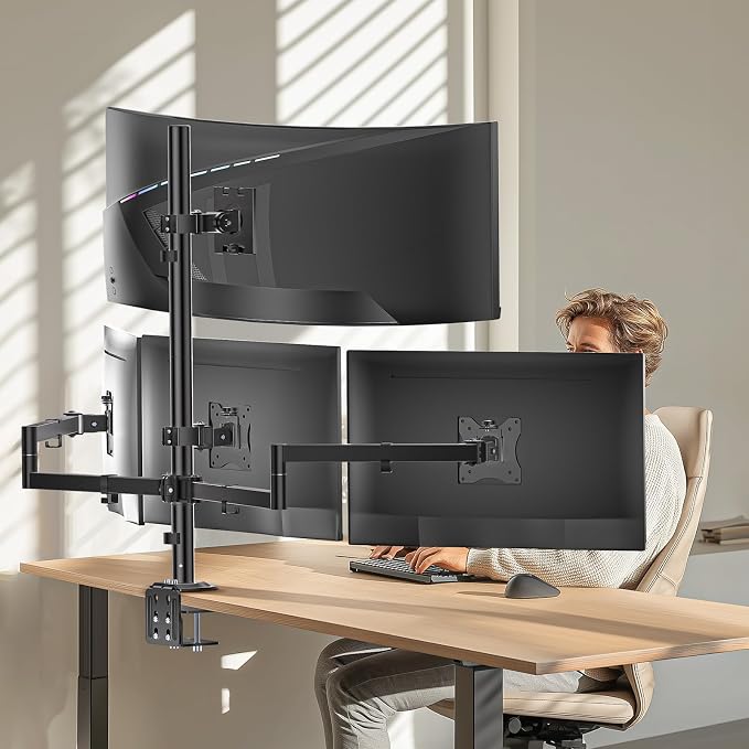 WALI Quad Monitor Mount for up to 49 inch Ultrawides on Top Bracket and 27 inch Screens on Lower Brackets, Extra Tall 4 Monitor Stand, Heavy Duty Monitors Arm up to 44 lbs (M004S-P), Black
