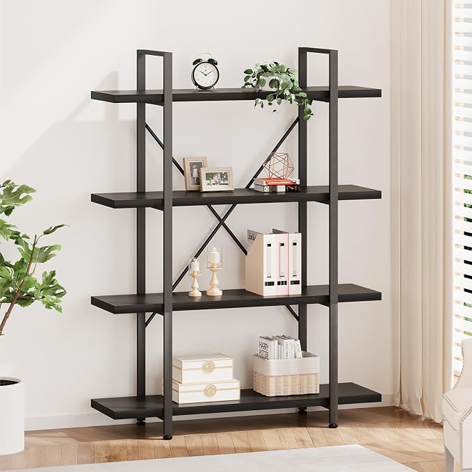 HSH 4 Tier Black Bookshelf, Industrial Metal Wood Storage Book Shelves, Modern Open 4 Shelf Bookcase and Display Etagere, Vertical Book Shelf for Bedroom Living Room Office