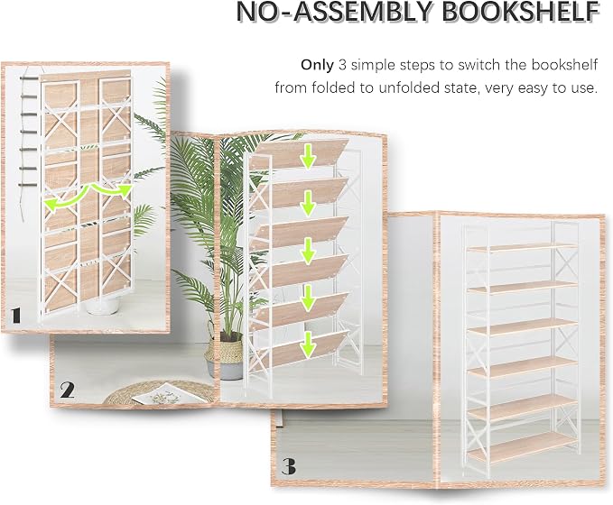 4NM Extra Wide 6 Tiers No Assembly Book Shelves, 61.8" H Folding Bookshelf Bookcase Open Industrial Foldable Shelves for Bedroom, Living Room, Home Office - Natural White