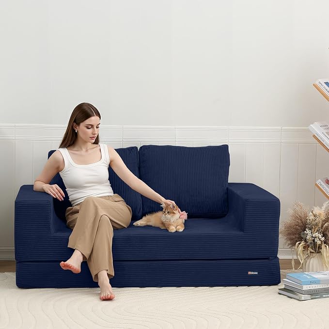 COMAX Convertible Sofa Bed Queen, Folding Fold Out Couch Bed, Floor Futon Couch Corduroy with Back Pillows, Boneless Sofa Comfy Lounge Sleeper Mattress Loveseat for Living Room Bedroom, Navy Blue