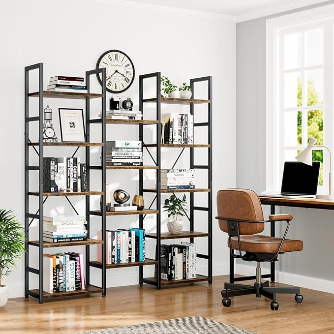NUMENN Triple Column 5 Tier Bookshelf, Bookcase with 14 Open Display Shelves, Adjustable Rustic Industrial Style Book Shelves, Modern Bookshelves for Bedroom, Living Room and Home Office, Vintage